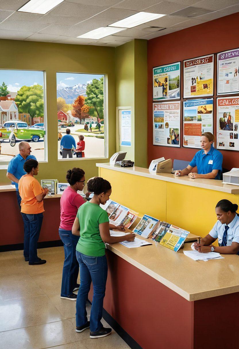 A bustling local tax office scene with friendly staff assisting diverse citizens at service counters, surrounded by colorful posters about community contributions. Outside the windows, a sunny county landscape with smiling families enjoying parks, signifying happiness and community growth. Incorporate elements of teamwork and support, perhaps with a bulletin board displaying local achievements. super-realistic. vibrant colors. cheerful atmosphere.