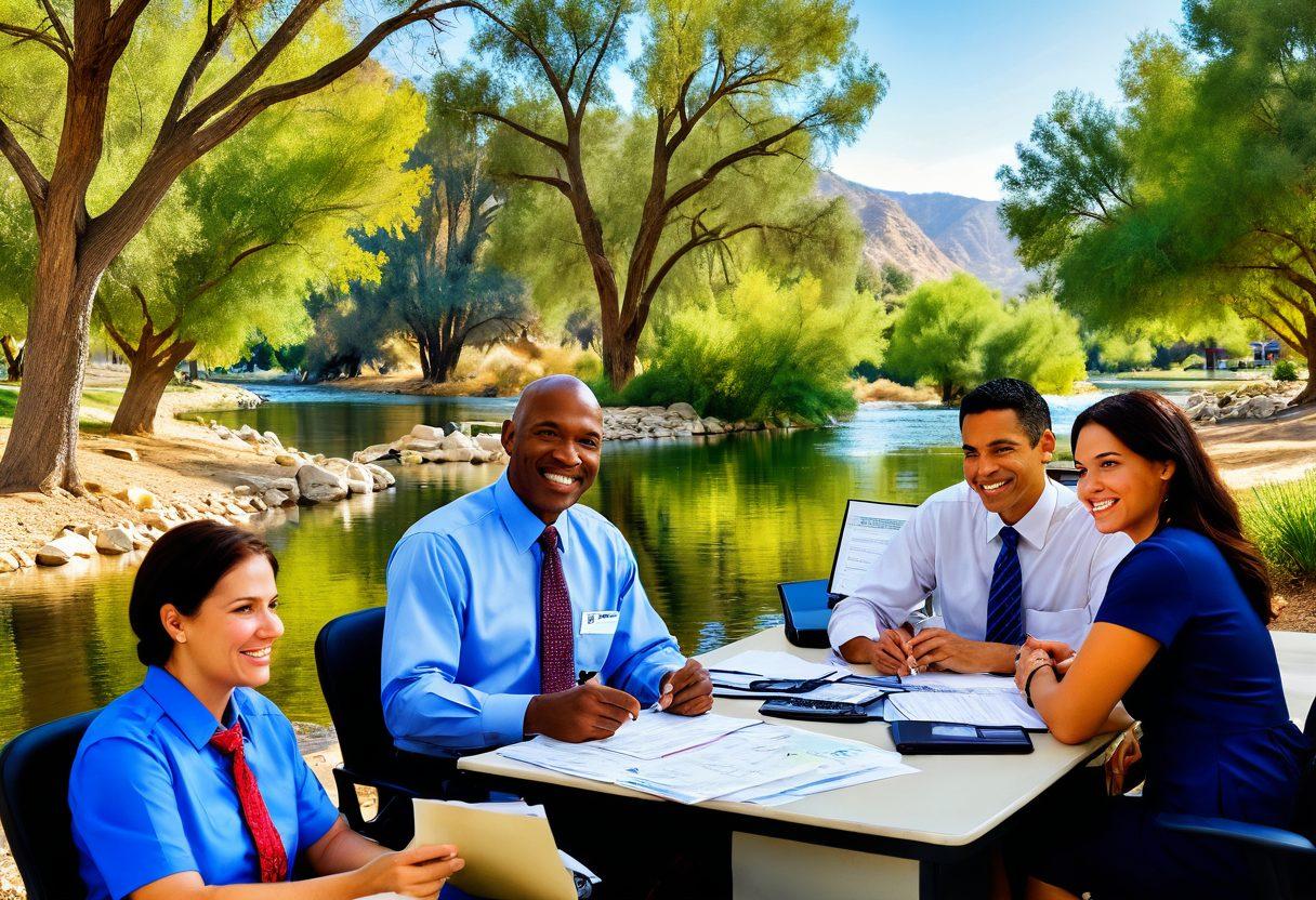 A serene landscape of Riverside County featuring cheerful taxpayers smiling as they engage with tax professionals in an informative setting. Include visual elements like flowing rivers, vibrant trees, and a welcoming office in the background. Incorporate documents, calculators, and digital devices to symbolize tax services. Showcase diverse individuals to represent unity and community happiness. super-realistic. vibrant colors. natural lighting.