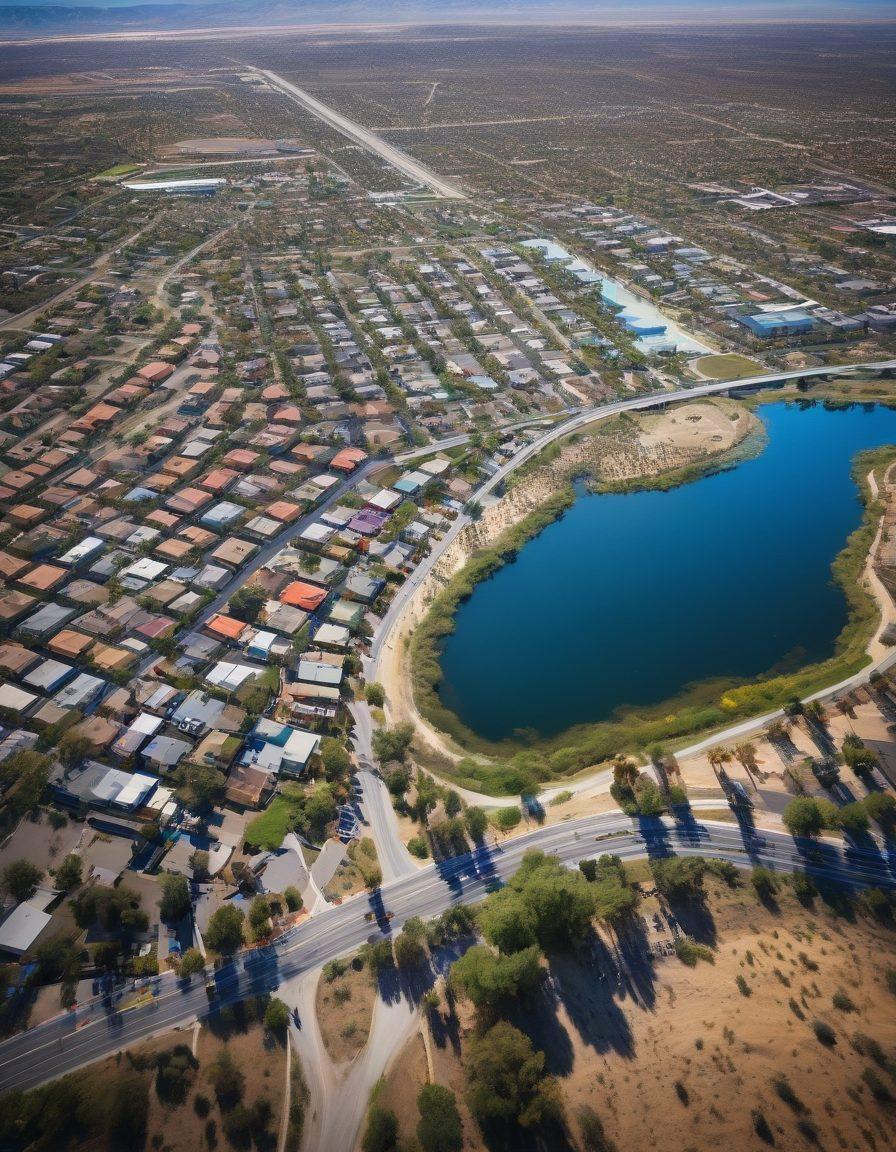A sweeping aerial view of Riverside County showcasing vibrant community interactions, with locals engaging in teamwork around a large tax collection booth, surrounded by iconic landscapes. Emphasize connection and support with diverse people of various ages and backgrounds, interspersed with visual elements symbolizing tax collection - like coins or forms. Bright, uplifting colors to convey a sense of community spirit and efficiency. super-realistic. vibrant colors. realistic landscape.